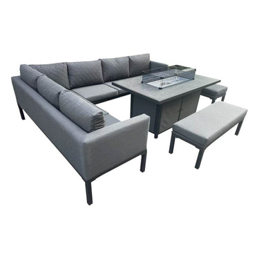 Luxury 5-Piece Grey L-Shaped Outdoor Dining Set With Quick-Dry Cushions & Fire Pit Table - UK Luxury Furniture